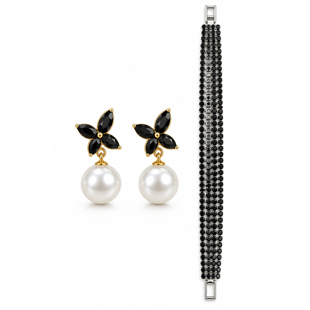 Back Crystal Bracelet & Pearl Earrings Set