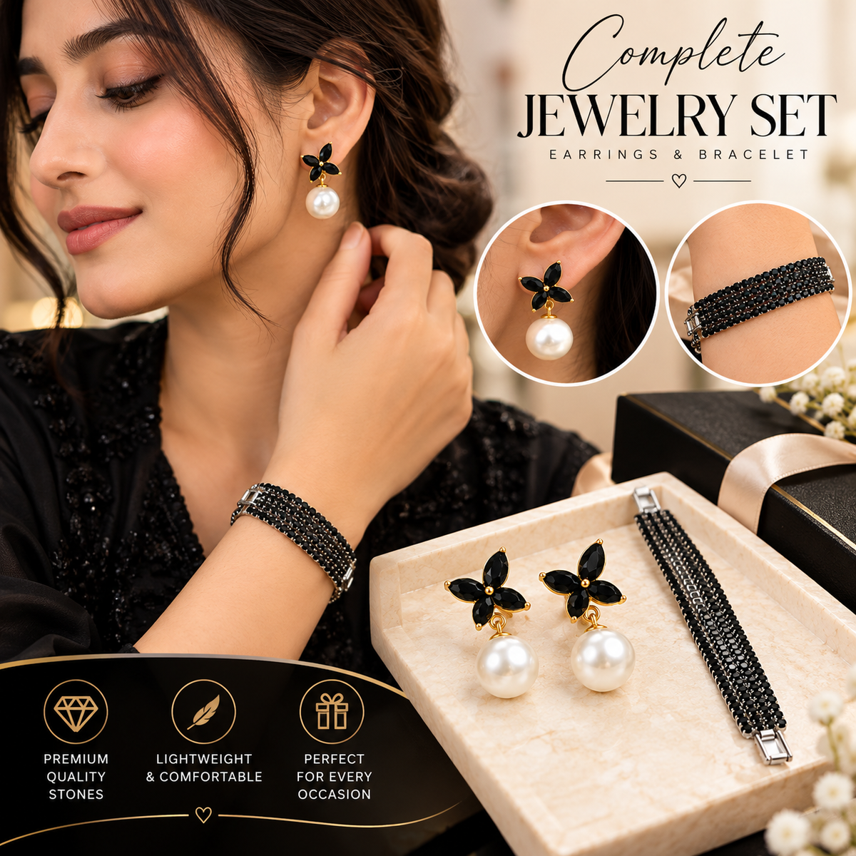 Back Crystal Bracelet & Pearl Earrings Set
