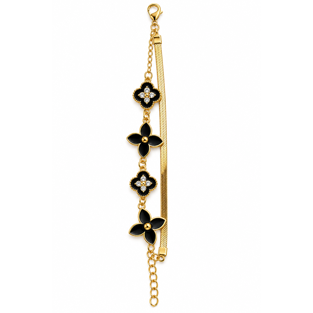 Black Flower Charm Gold Bracelet