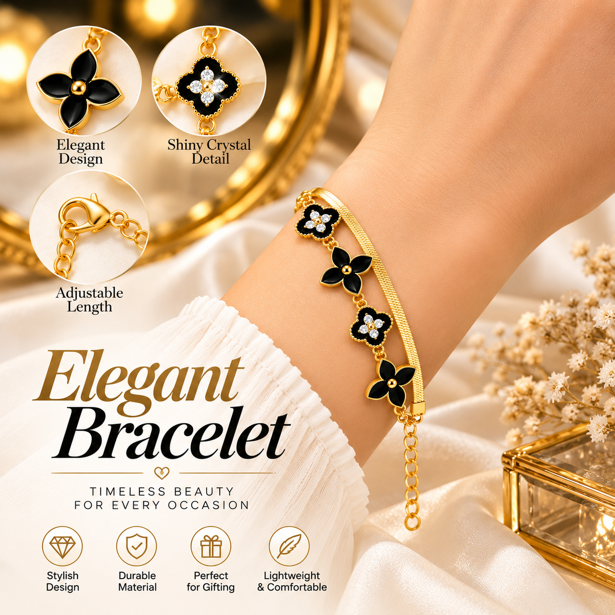 Black Flower Charm Gold Bracelet