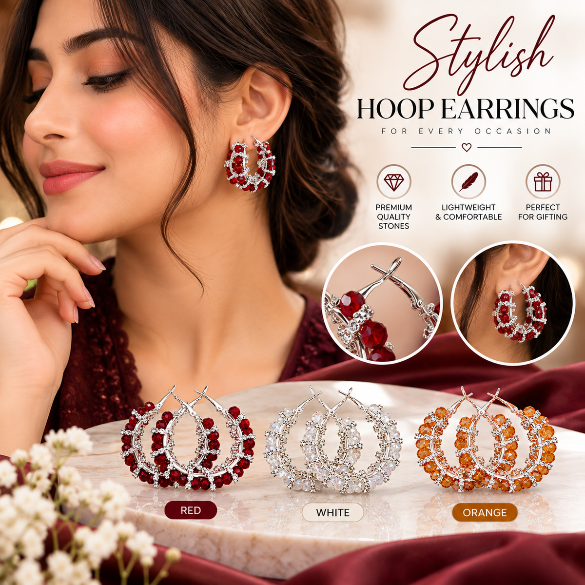 Crystal Hoop Earrings – 3 Color Set