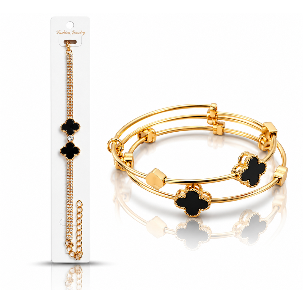 2Pcs Set - Gold Black Clover Charm Bracelet