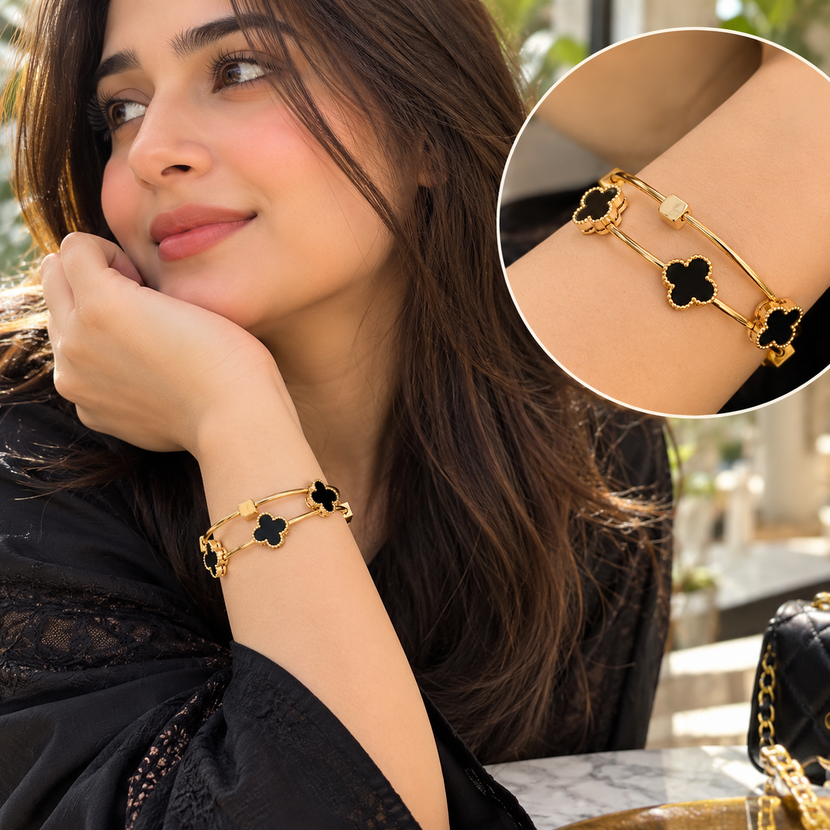 2Pcs Set - Gold Black Clover Charm Bracelet