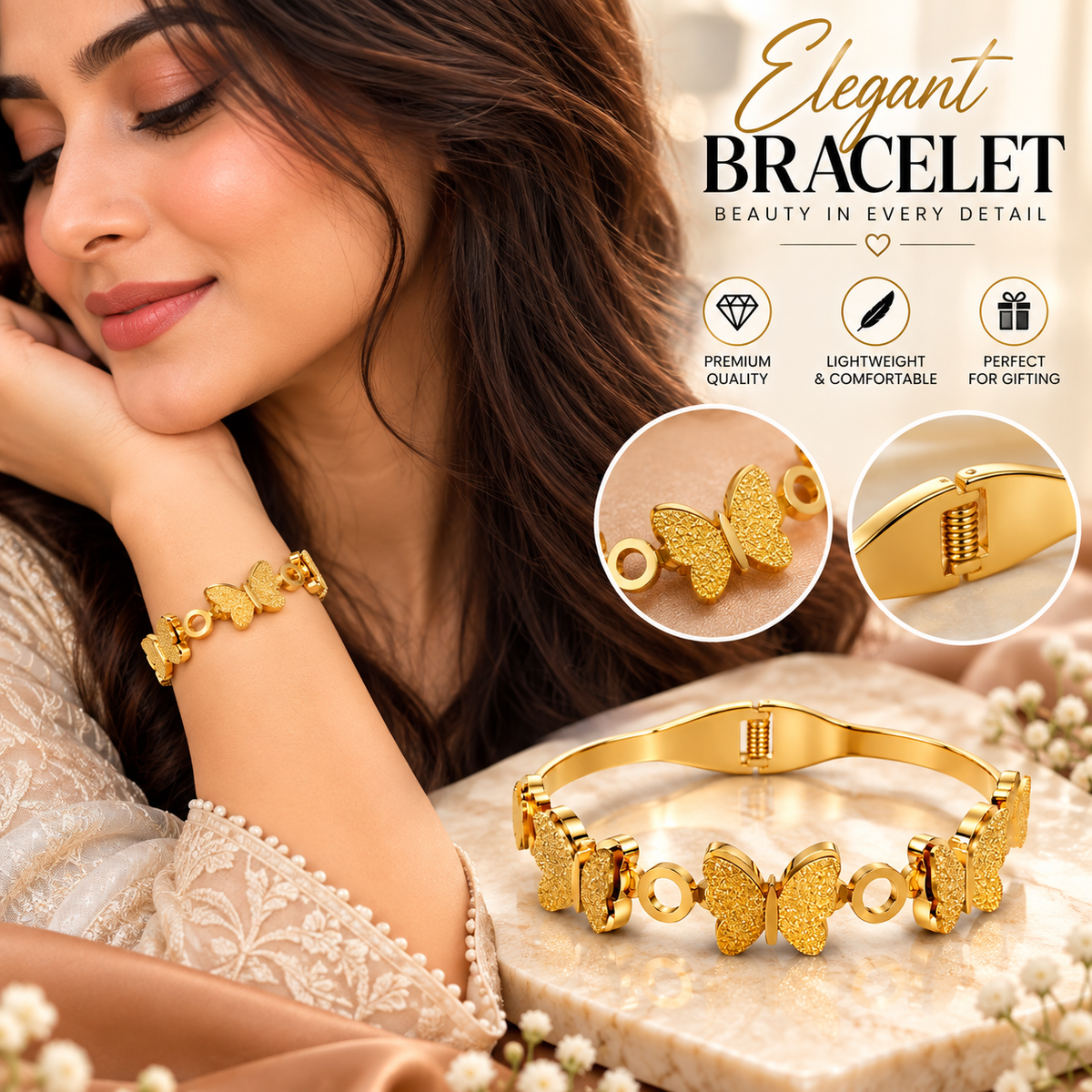 2Pcs Set - Gold Butterfly Charm Bracelet