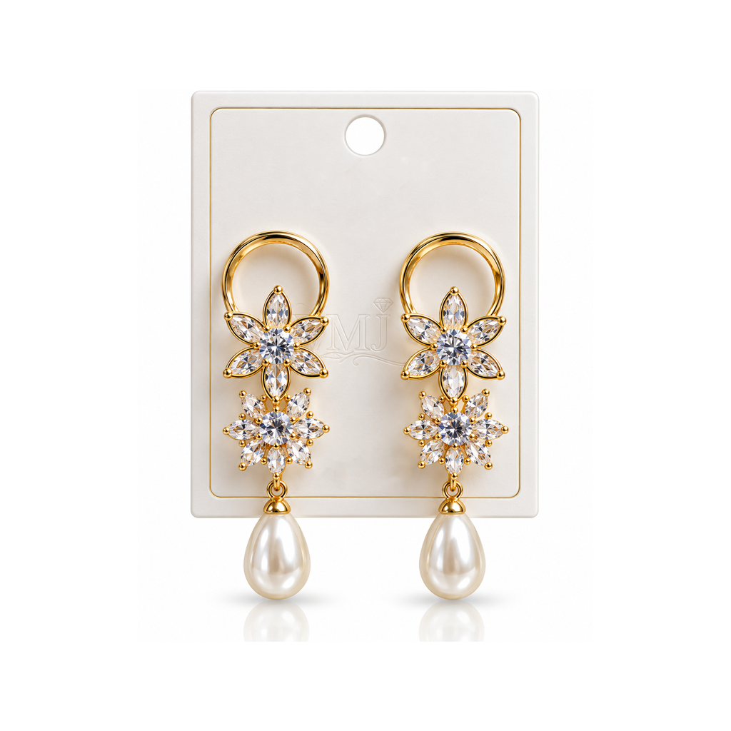 Gold Crystal Flower Pearl Drop Earrings