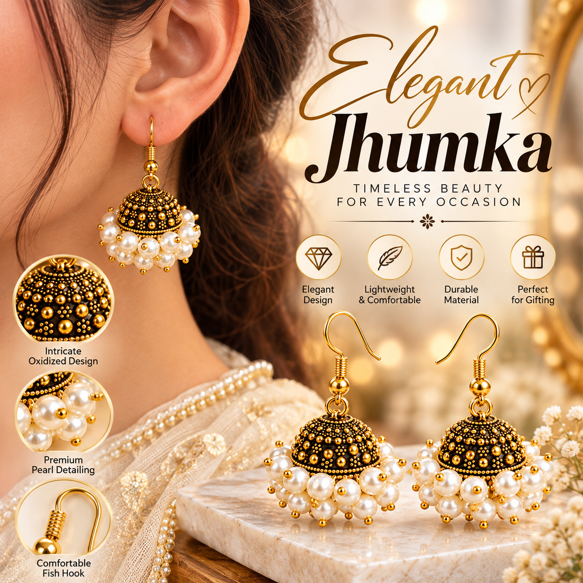 2Pcs - Gold & Silver Oxidized Pearl Jhumka Earrings