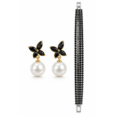 Back Crystal Bracelet & Pearl Earrings Set