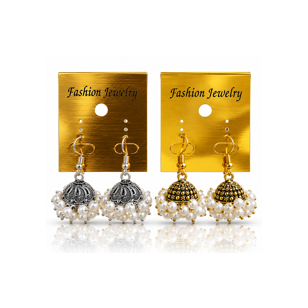 2Pcs - Gold &amp; Silver Oxidized Pearl Jhumka Earrings