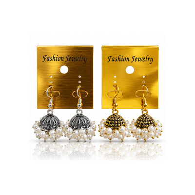 2Pcs - Gold &amp; Silver Oxidized Pearl Jhumka Earrings