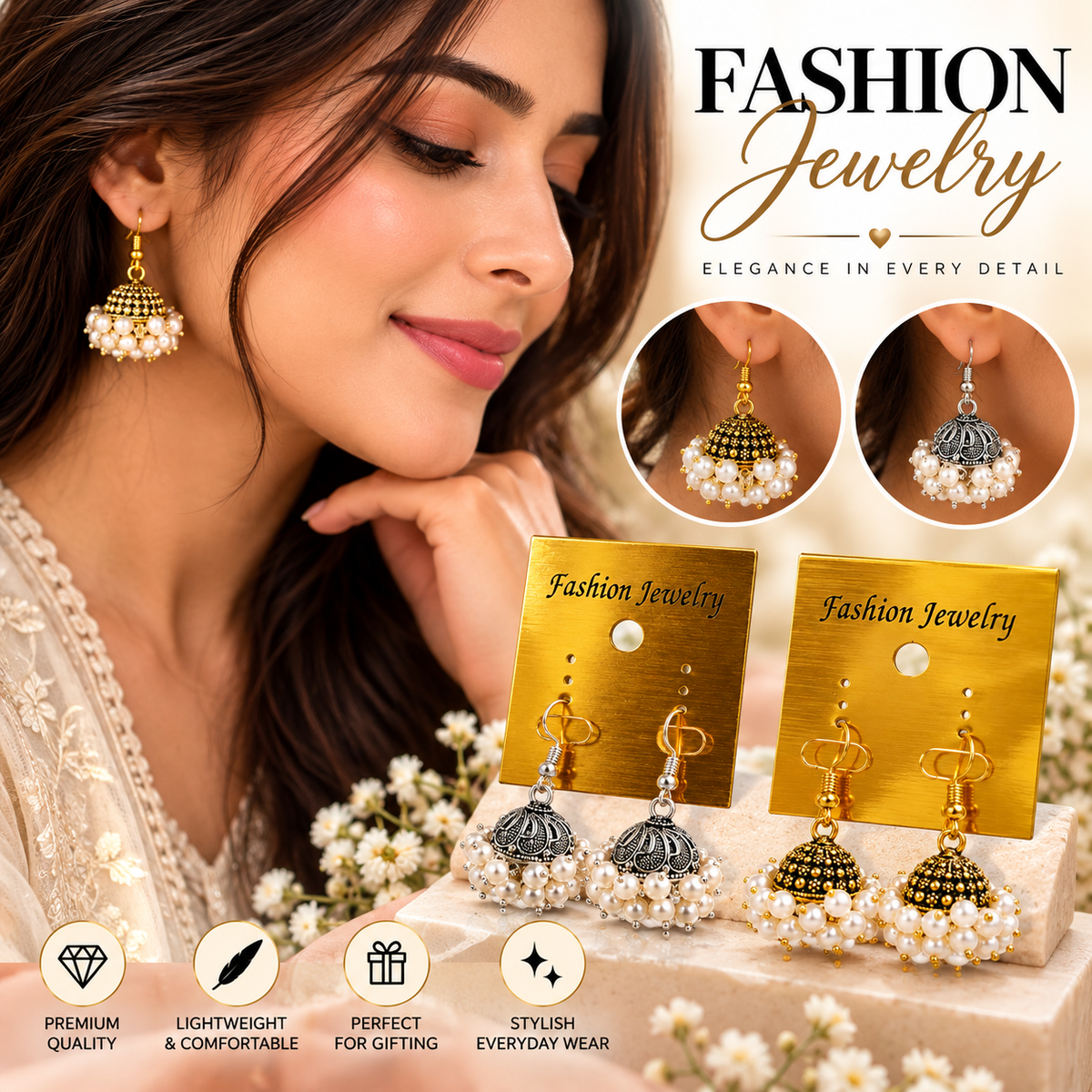 2Pcs - Gold &amp; Silver Oxidized Pearl Jhumka Earrings