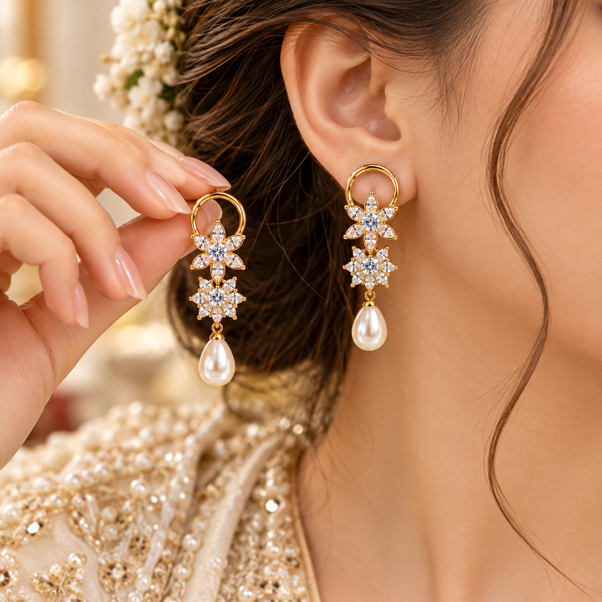 Gold Crystal Flower Pearl Drop Earrings