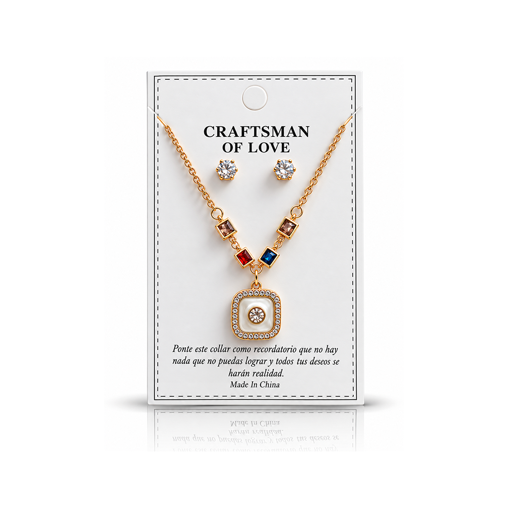 Gold Square Crystal Pendant Necklace & Earrings Set
