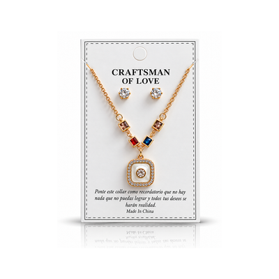 Gold Square Crystal Pendant Necklace & Earrings Set