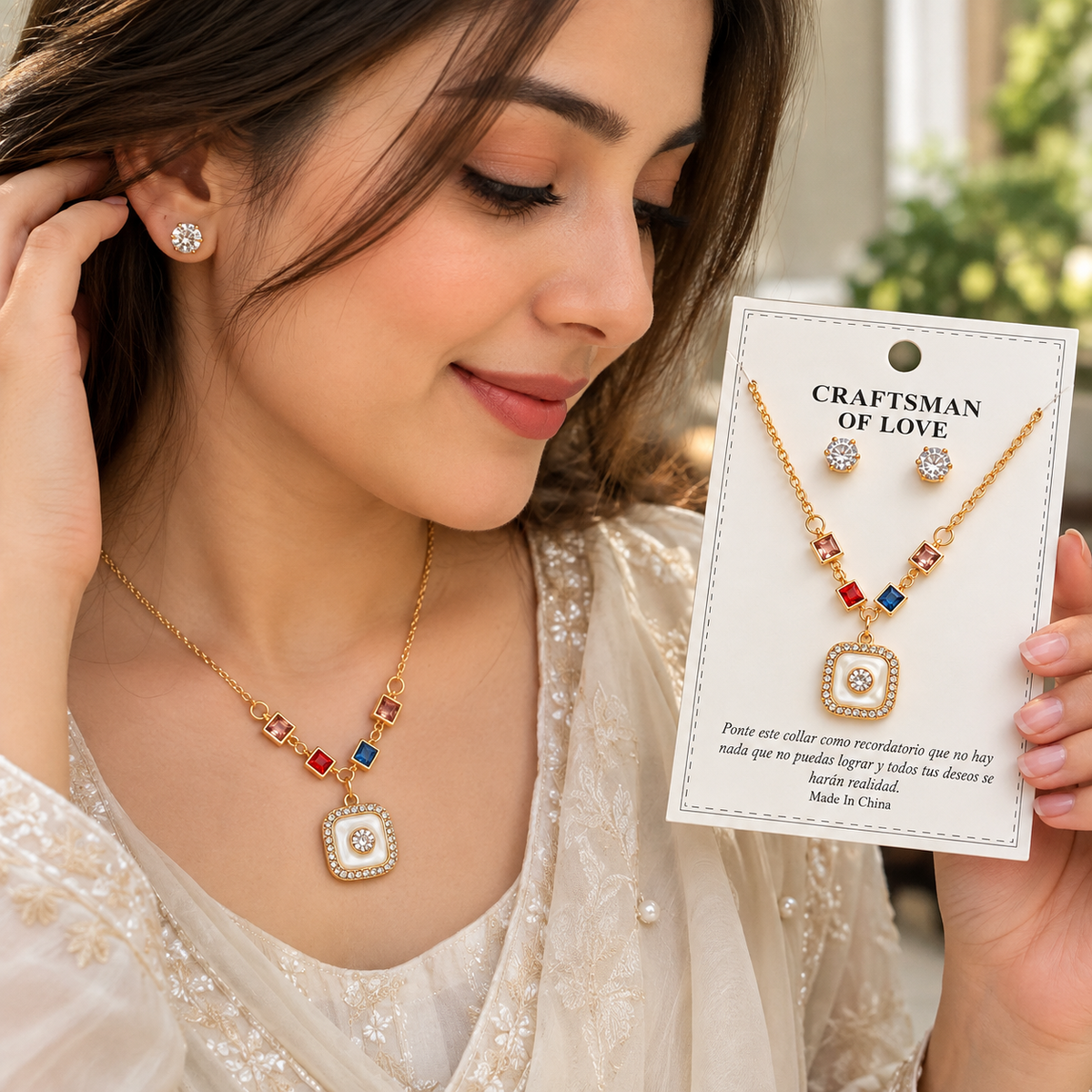 Gold Square Crystal Pendant Necklace & Earrings Set