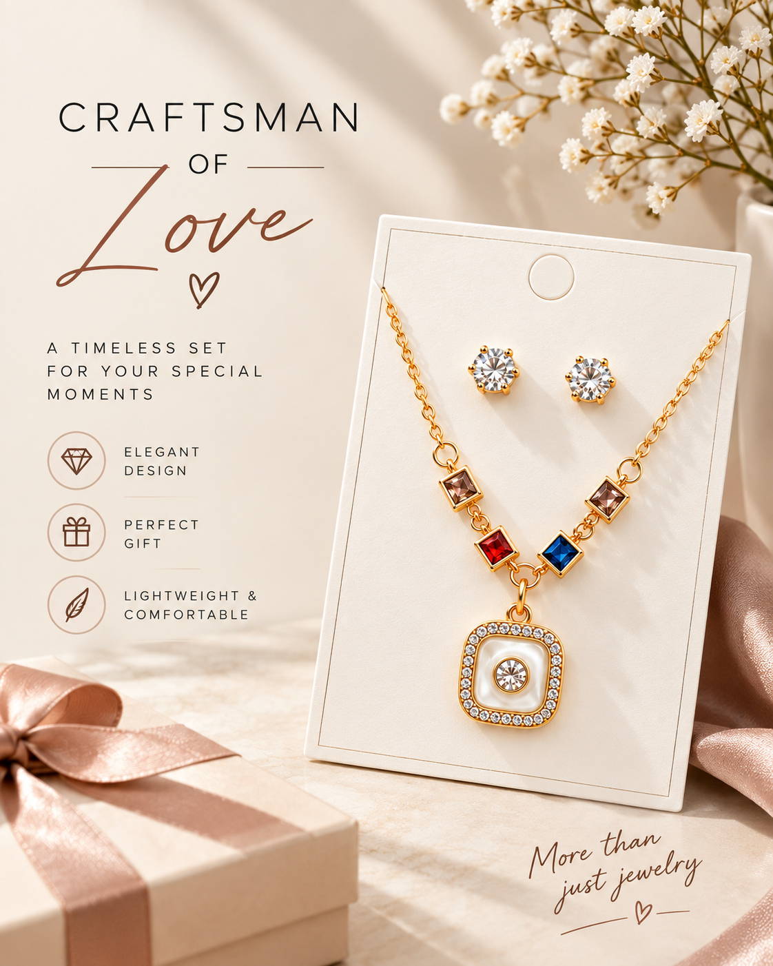 Gold Square Crystal Pendant Necklace & Earrings Set