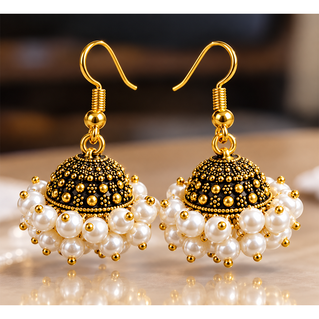 2Pcs - Gold &amp; Silver Oxidized Pearl Jhumka Earrings