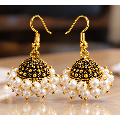 2Pcs - Gold &amp; Silver Oxidized Pearl Jhumka Earrings