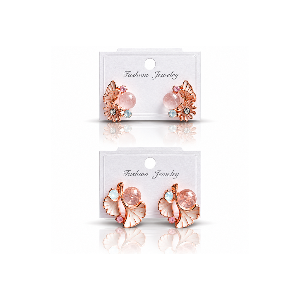 2-Pair Set Rose Gold Floral Crystal Earrings