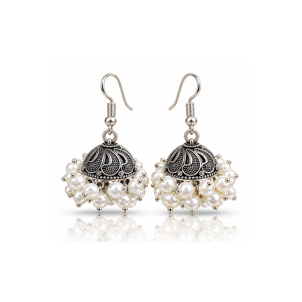 2Pcs - Gold &amp; Silver Oxidized Pearl Jhumka Earrings