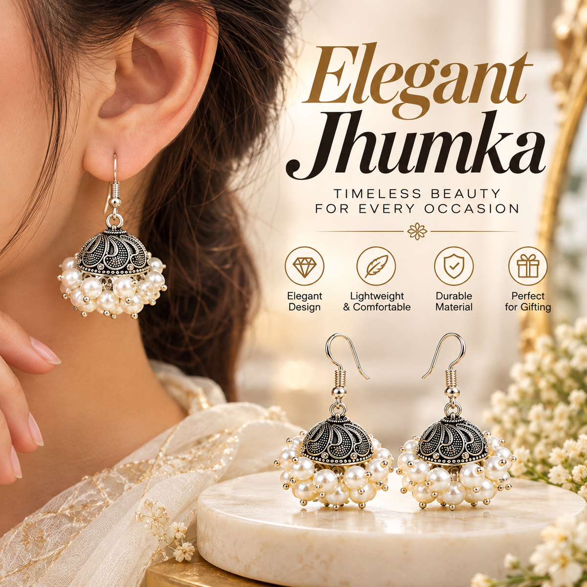 2Pcs - Gold &amp; Silver Oxidized Pearl Jhumka Earrings